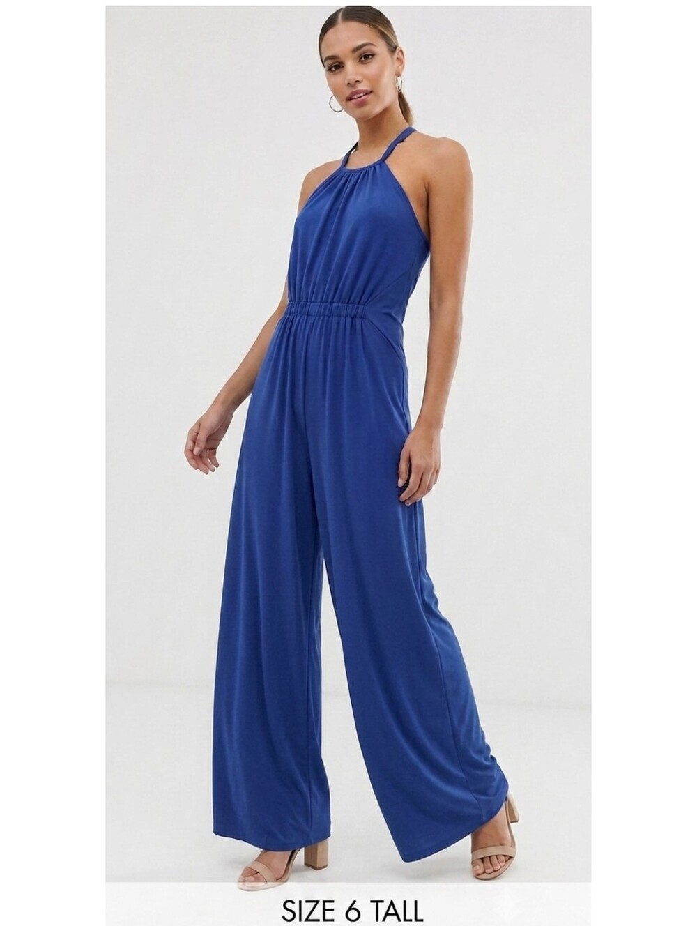 ASOS Women's Blue Halter Wide-Leg Open Back Jumpsuit
